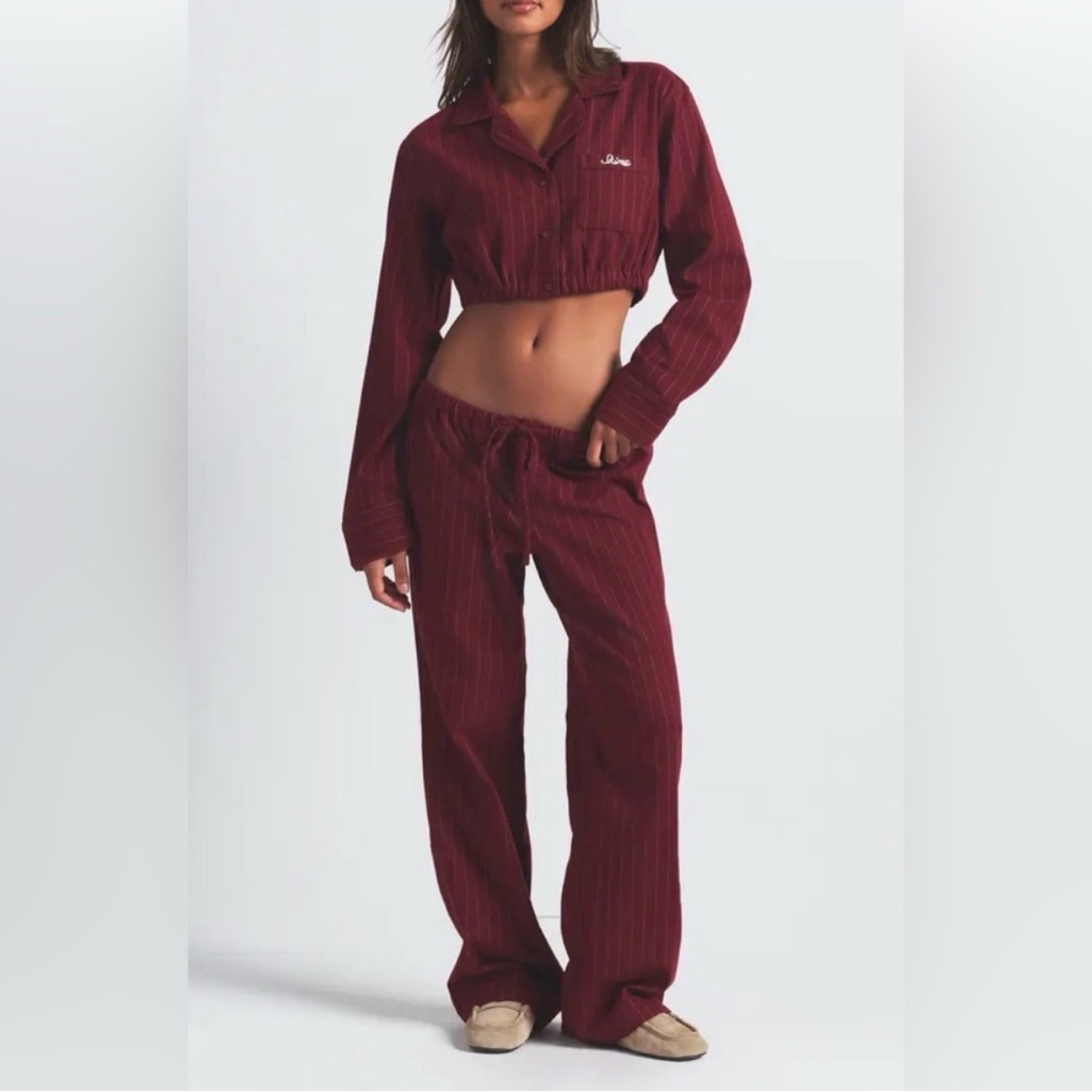 Skims Elevated Flannel Crop Pajama Set Merlot Nwt Size Medium
